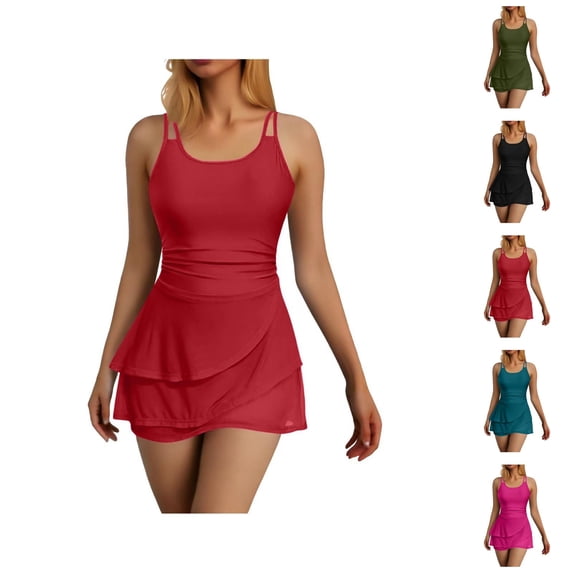 One Piece Swimdress Swimsuits for Women Scoop Neck High Waisted Tummy Control Modest Swim Dresses Skirt Bathing Suit