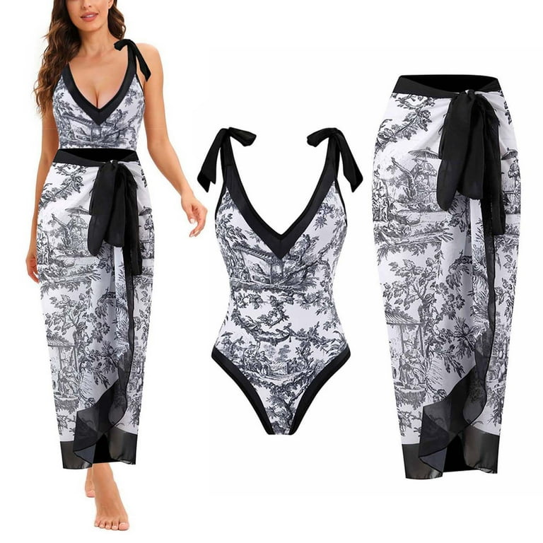 Long Bikini: One Piece Floral Bathing Suit with Coverup Set