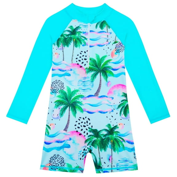 One-Piece Swimsuit For Girls Summer Beach Cuhk Flat Corner Quick Drying Print Long Sleeve Crew Neck 1 Piece Bathing Suit