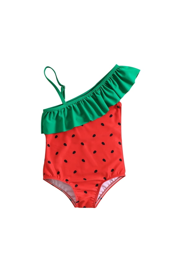 One Piece Swimsuit For Toddler Girls Ruffles Swimwear Cartoon Watermelon Prints Beachwear Bathing Suits For 12 Months-18 Months