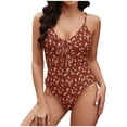 thumbnail image 1 of One Piece Swimsuit For Women Spaghetti Strap Sleeveless Drawstring Bathing Suit Floral Print Trendy Cute Swimwear (L, Coffee), 1 of 5