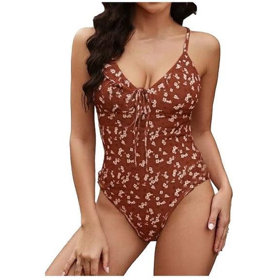 One Piece Swimsuit For Women Spaghetti Strap Sleeveless Drawstring Bathing Suit Floral Print Trendy Cute Swimwear (L, Coffee)