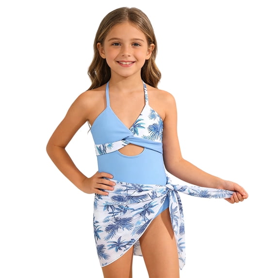 One Piece Swimsuit for Girls 7-8 Sheer Mesh Girls Swimwear Tankini Quick Dry & Stretchy Solid Color Beach Skirt Cute Ruched Bathing Suit Adjustable Straps Modest Swimwear Sky Blue7-8 Years