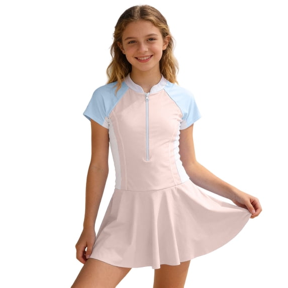 One Piece Swimsuit for Girls 9-10 Modest Ruched Girls Swimwear Tankini Quick Dry & Stretchy Color Block Bathing Suit with Chest Pad Summer Girl's Swimwear Beige13-14 Years