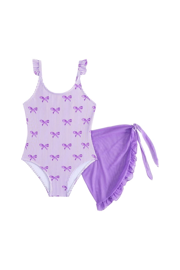 One Piece Swimsuit for Girls Bowknot Tummy Control Bathing Suit with Swim Skirt Summer Vacation Girls Swimwear Size 4-7