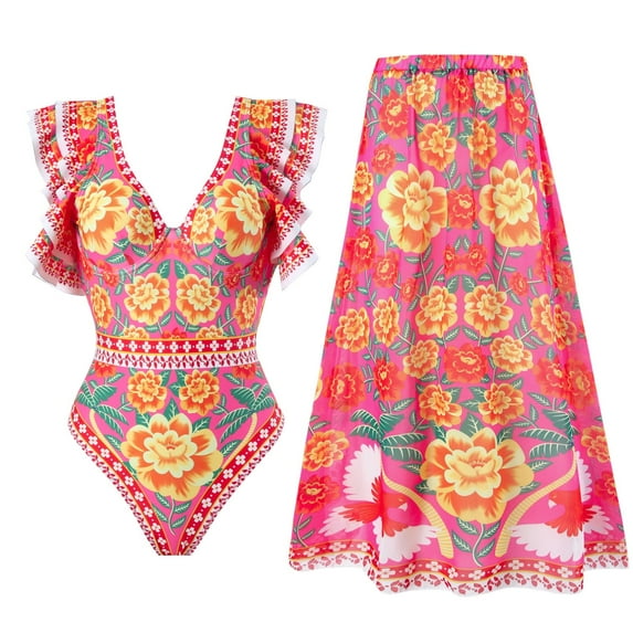 One-Piece Swimsuit Set with Chiffon Cover-Up Dress for Hot Springs,Women Retro Floral One Piece Swimsuit with Beach Cover Ups Long Wrap Skirt 2 Piece Bathing Suit Swimwear
