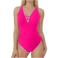 thumbnail image 1 of One Piece Swimsuit for Teens Women's Solid Color Swimsuit Plunging V Neck One Piece Swimsuit Lace Trim Adjustable Suspenders Bathing Suit for Beach Wear, 1 of 4