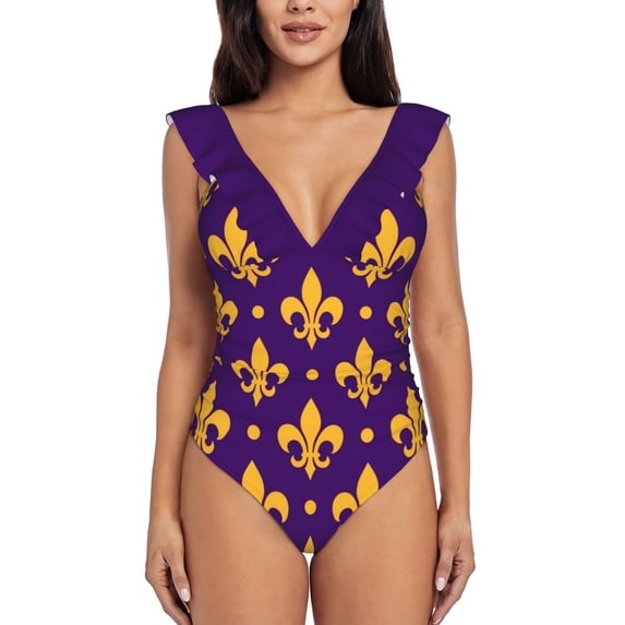 One Piece Swimsuit Women 2024 Suit Bathing Swimwear Monokini Bodysuit Sexy Ruffle State Louisiana Lsu Lis De Fleur Gold And Purple
