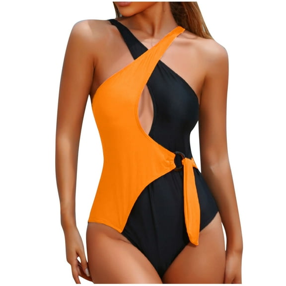 One Piece Swimsuit Women Bathing Suits Tummy Control Color Blocking Sexy Halter Cutout Swimsuits Monokini Summer Ladies Swimwear