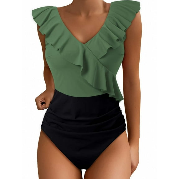 One Piece Swimsuit Women Bikinis for Women Women's Swimsuits Cute Bathing Suit Ruffle V Neck Swimwear