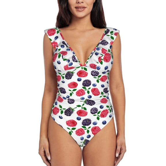 One Piece Swimsuit Women, Blueberry Berries Print Ruffled Tummy Control Swimsuit Push Up Bathing Suit For Women