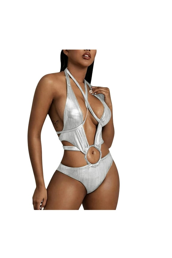 One Piece Swimsuit Women Color Block Asymmetric Tie Halter Bikini,Silver,L