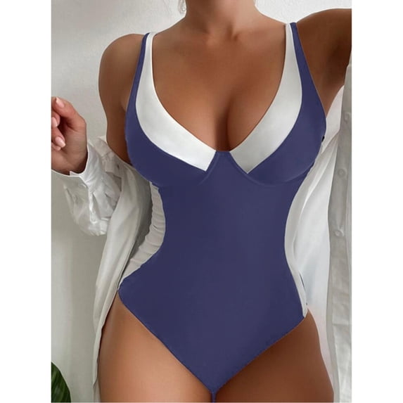 One Piece Swimsuit Women Color Block Swimwear with Deep V Neck High Waist Summer Beach Pool Womens Swimsuits Navy XXL