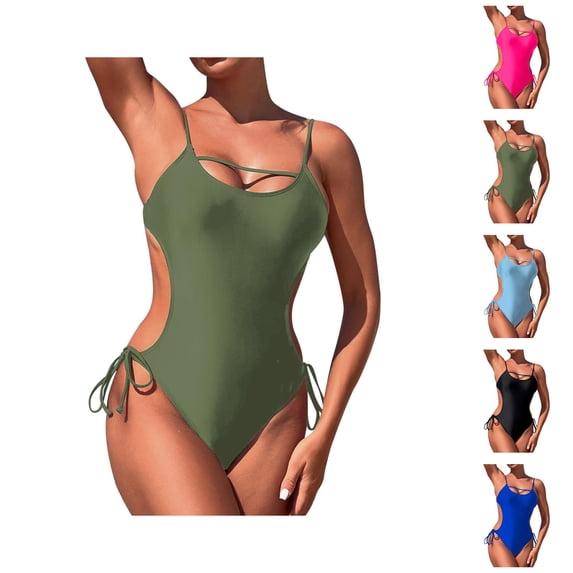 One Piece Swimsuit Women Cut out Spaghetti Strap Backless Monokini Tummy Control Bathing Suit Swimwear