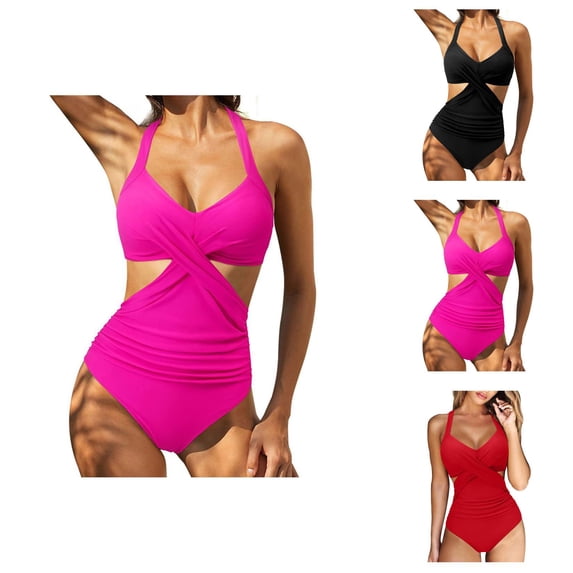 One Piece Swimsuit Women Front Cross Cut out V Neck Monokini Tummy Control Ruched High Waisted Bathing Suit Swimwear