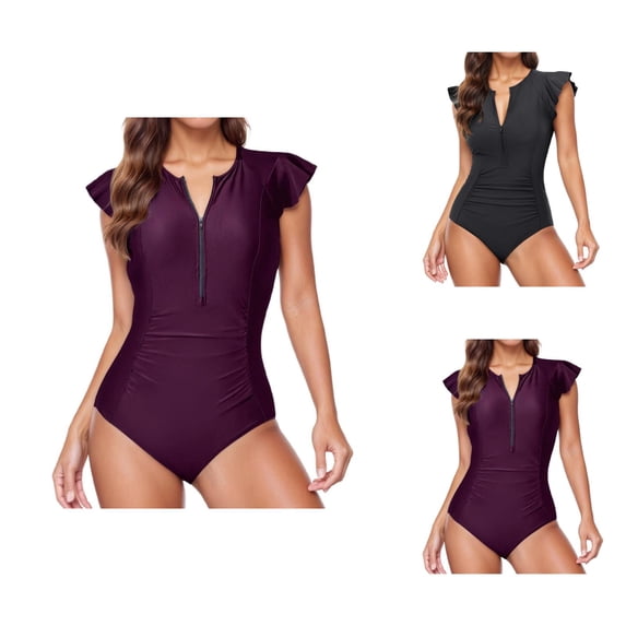 One Piece Swimsuit Women Half Zip Front Short Ruffle Sleeve Tummy Control Bathing Suits Modest Full Coverage Swimwear