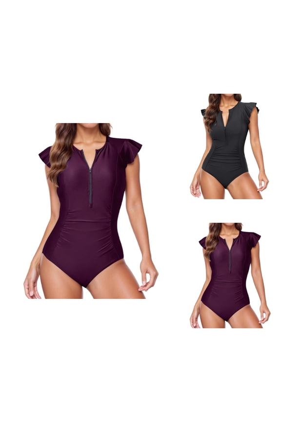 One Piece Swimsuit Women Half Zip Front Short Ruffle Sleeve Tummy Control Bathing Suits Modest Full Coverage Swimwear