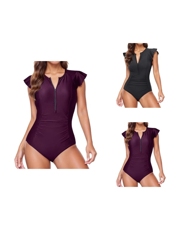 One Piece Swimsuit Women Half Zip Front Short Ruffle Sleeve Tummy Control Bathing Suits Modest Full Coverage Swimwear