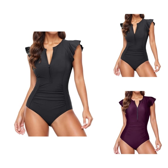 One Piece Swimsuit Women Half Zip Front Short Ruffle Sleeve Tummy Control Bathing Suits Modest Full Coverage Swimwear