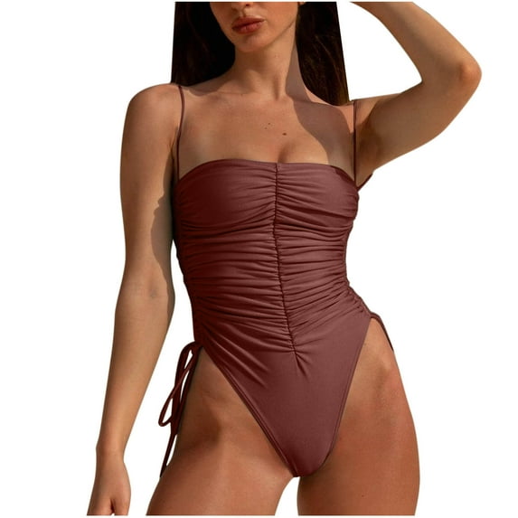 One Piece Swimsuit Women High Cut Bathing Suit Slimming Ruched Swimwear Spaghetti Straps One-Piece Swimsuits (Brown M)
