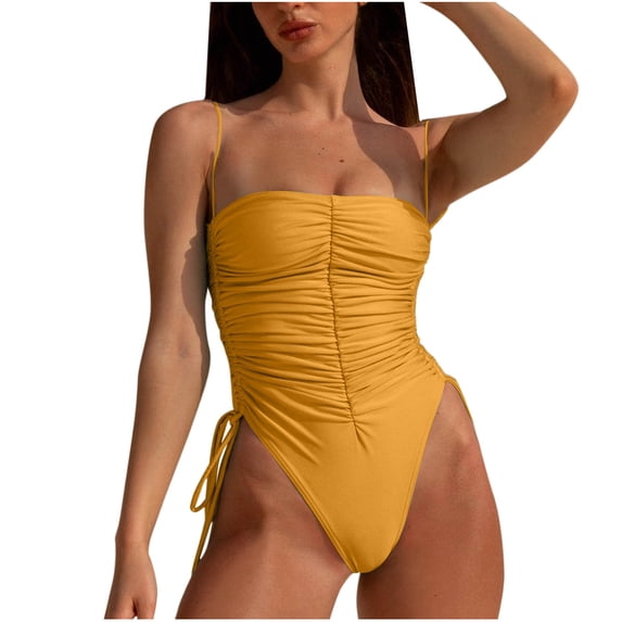 One Piece Swimsuit Women High Cut Bathing Suit Slimming Ruched Swimwear Spaghetti Straps One-Piece Swimsuits (Gold S)