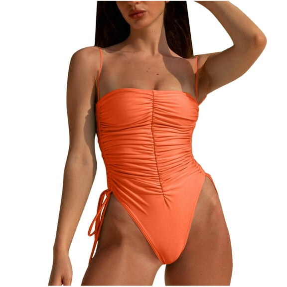 One Piece Swimsuit Women High Cut Bathing Suit Slimming Ruched Swimwear Spaghetti Straps One-Piece Swimsuits (Orange L)