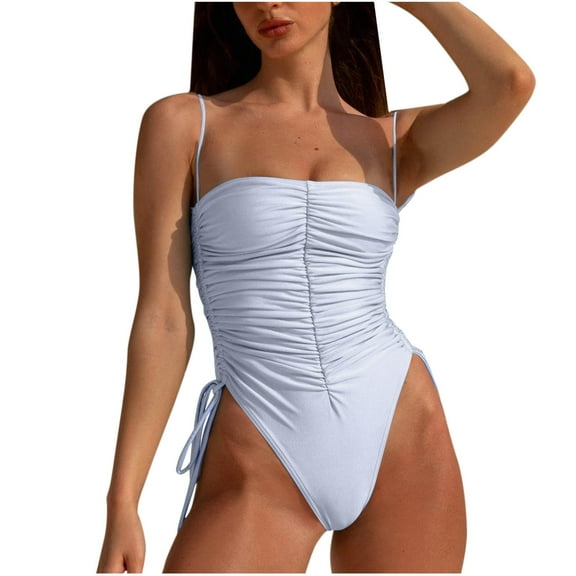 One Piece Swimsuit Women High Cut Bathing Suit Slimming Ruched Swimwear Spaghetti Straps One-Piece Swimsuits (White L)