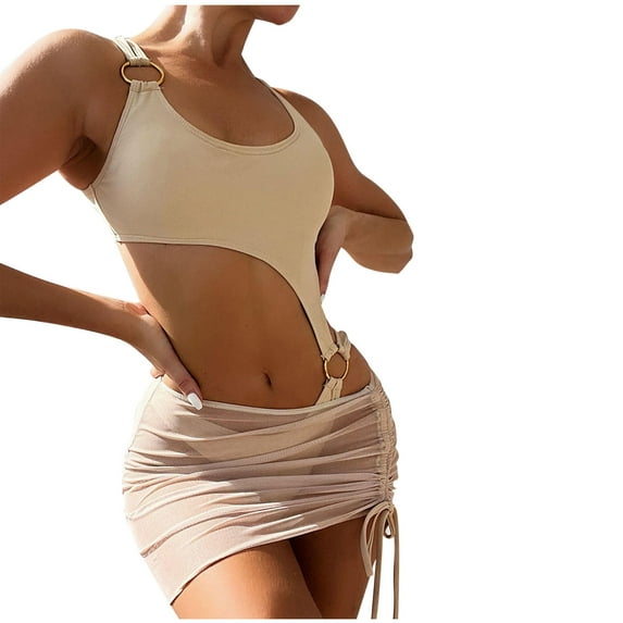 One Piece Swimsuit Women High Cut Bathing Suit with Cover Up Skirt Solid Color One-Piece Swimsuits Trendy (Beige S)