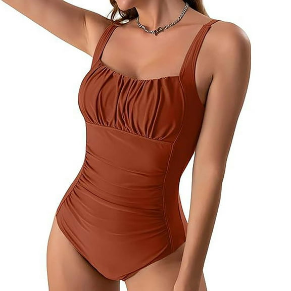 One Piece Swimsuit Women High Cut Ruched Bathing Suits Tummy Control Swim Suit 2025 Slim Swimwear Brown L
