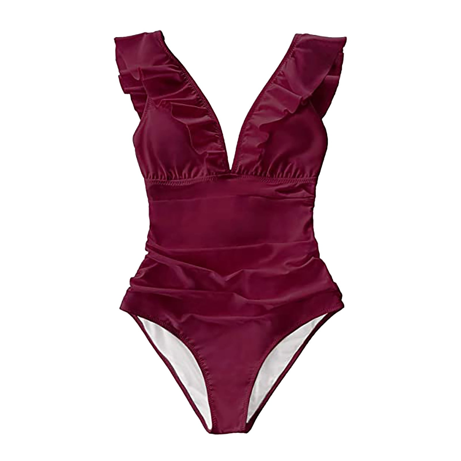 One Piece Swimsuit Women Ladies Summer Deep V Neck Ruffle Trim Back