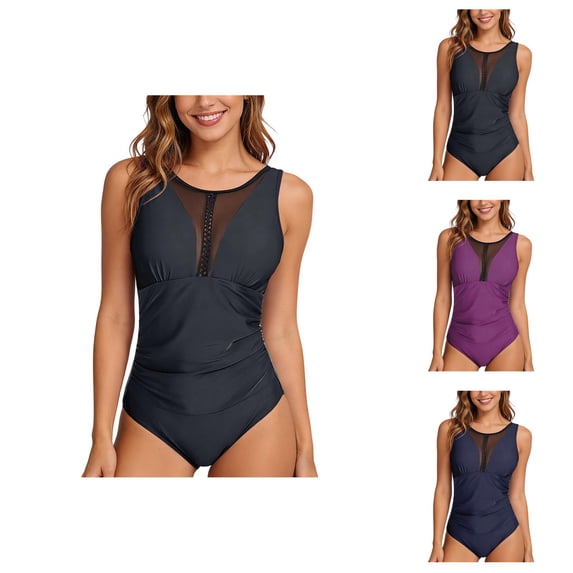 One Piece Swimsuit Women Mesh Paneled Neckline Tummy Control Bathing Suit Swimwear