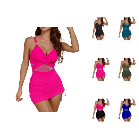 One Piece Swimsuit Women Modest Twist Front Tummy Control Ruched Swim Dress Bathing Suit Swimwear