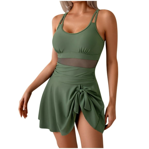 One-Piece Swimsuit Women One Piece Swim Dress Swimsuits for Women Tummy Swimdress Skirt Mesh Waisted Bathing Suit with Adjustable Strap Beach Wear Green L