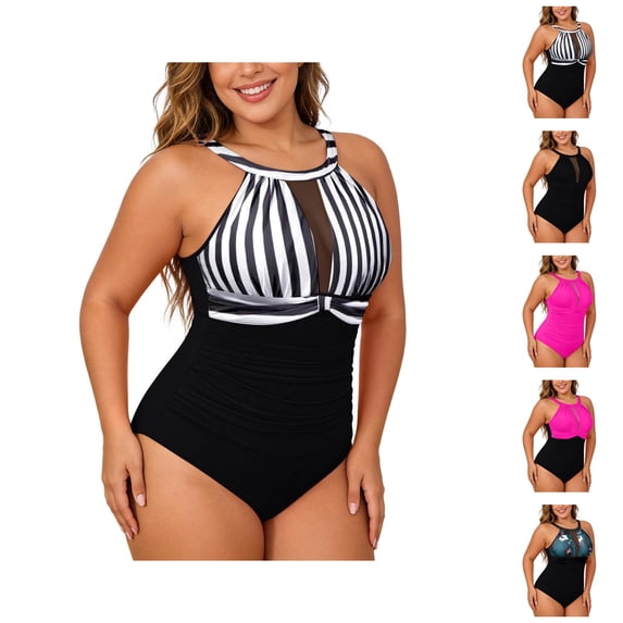 One Piece Swimsuit Women Plus Size High Neck Tummy Control Ruched Bathing Suit Swimwear