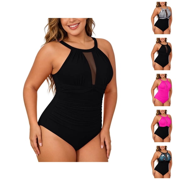 One Piece Swimsuit Women Plus Size High Neck Tummy Control Ruched Bathing Suit Swimwear