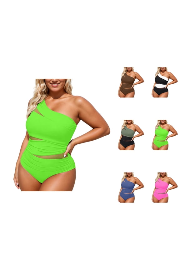 Plus Size One Piece Swimsuit Women One Shoulder Tummy Control Bathing Suit Swimwear