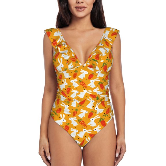 One Piece Swimsuit Women, Red Carrot Cute Rabbit Ruffled Tummy Control Swimsuit Push Up Bathing Suit For Women