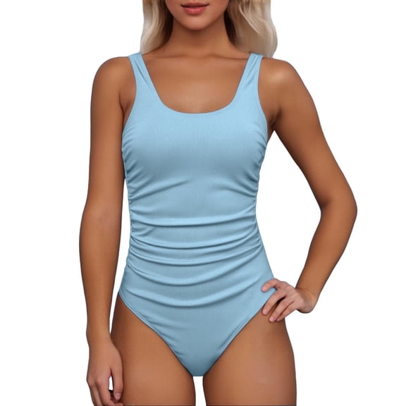 One Piece Swimsuit Women,Ribbed Ruched Swimsuit Tummy Control Bathing Suit Swimwear Figure Enhancing Swimdress with Adjustable Straps,Swimsuit for Women,M,BU1