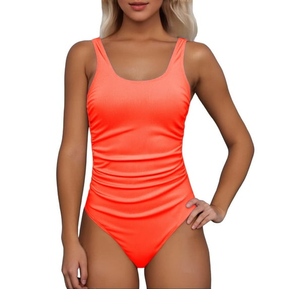 One Piece Swimsuit Women,Ribbed Ruched Swimsuit Tummy Control Bathing Suit Swimwear Figure Enhancing Swimdress with Adjustable Straps,Swimsuit for Women,M,RD1