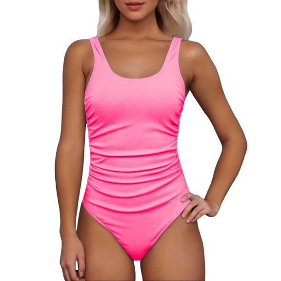One Piece Swimsuit Women,Ribbed Ruched Swimsuit Tummy Control Bathing Suit Swimwear Figure Enhancing Swimdress with Adjustable Straps,Swimsuit for Women,M,RD2