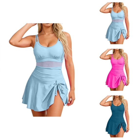 One Piece Swimsuit Women Scoop Neck Tummy Control Ruched Tie Knot Swim Dress Bathing Suit Swimwear