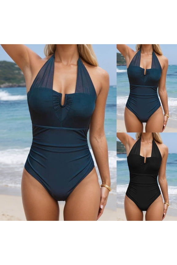 One Piece Swimsuit Women Sheer Mesh Monokini with High Leg Cut Bathing Beach Holiday Comfortable Casual Womens Swimwear Blue S