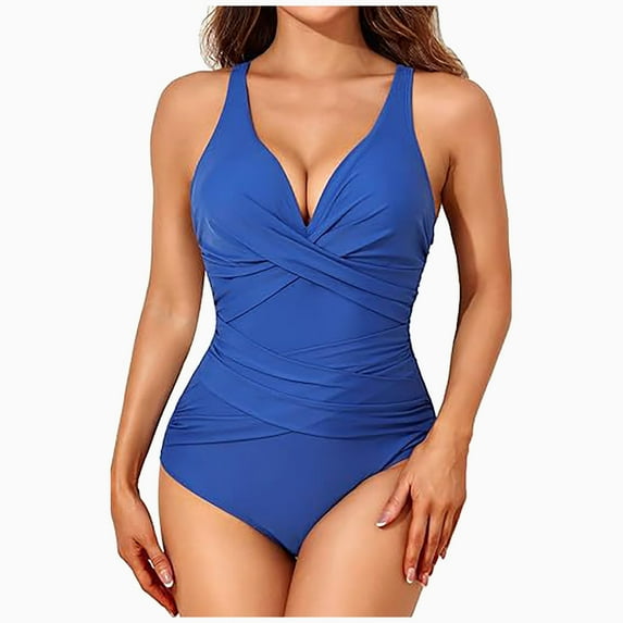 One-Piece Swimsuit Women Size Tummy Swimsuits for Women Slim Fitting One-Piece Bathing Suit Retro Ruched Push up Vintage Padded Swimwear with Adjustable Strap Holiday Beach Wear Dark Blue S