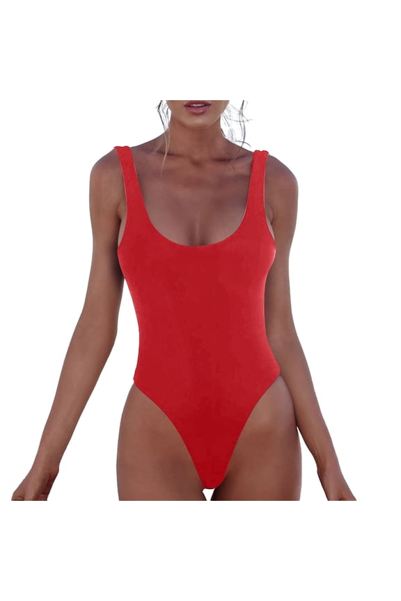 One Piece Swimsuit Women Solid Color Casual One Piece Swimsuit Beach Swimwear With Straps And Square Neckline Women's Swimwear Red XXXL