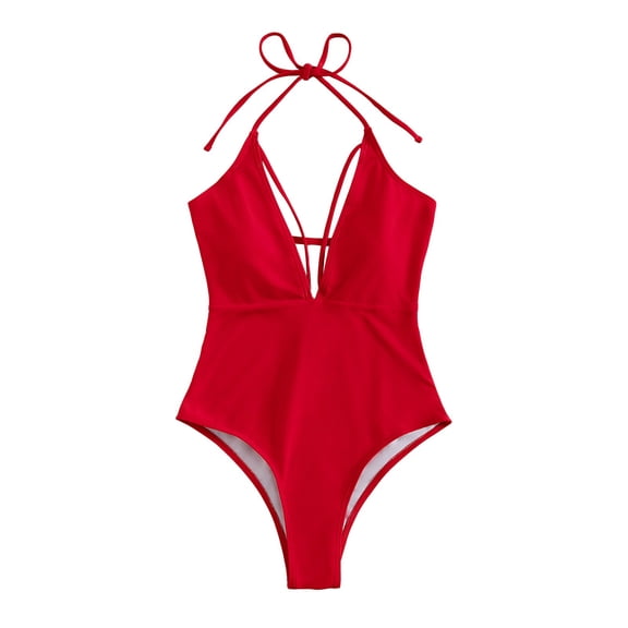 One Piece Swimsuit Women Solid Color Deep V Neck Bathing Suit,Red,M