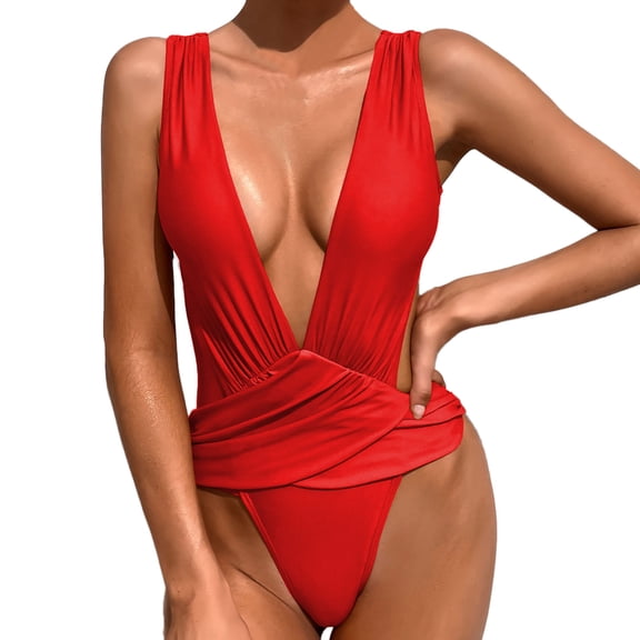 One Piece Swimsuit Women Solid Color One Piece Bikini Bathing Suit,Red,M