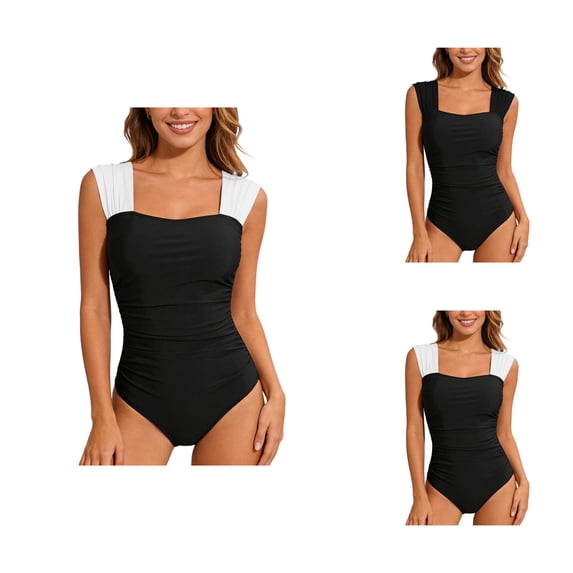 One Piece Swimsuit Women Square Neck Tummy Control Ruched Bathing Suit Swimwear