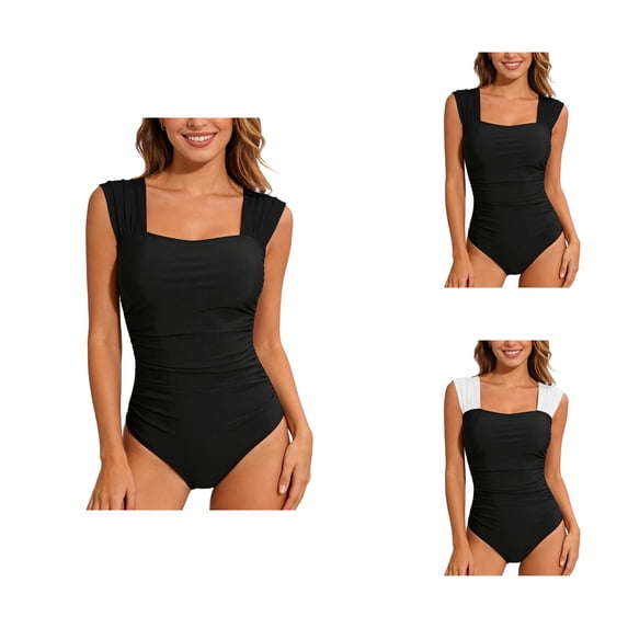 One Piece Swimsuit Women Square Neck Tummy Control Ruched Bathing Suit Swimwear