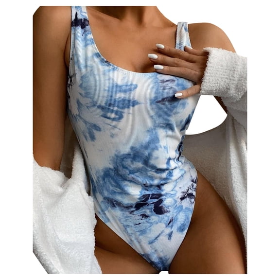 One Piece Swimsuit Women Tie Dye Gradient Ribbed Bikini Swimsuit,Blue,M