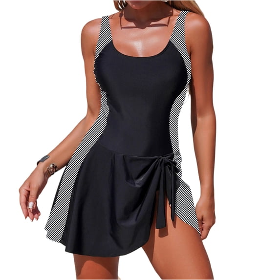 One Piece Swimsuit Women Tummy Control Modest Bathing Suits Color Block Scoop Neck Skirt Swim Dress Swimwear Black XL